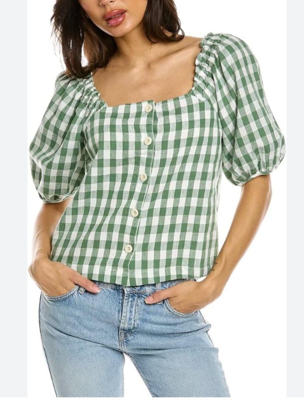 Madewell Linen/Cotton Square Neck Button-Front Top Green Gingham-MED